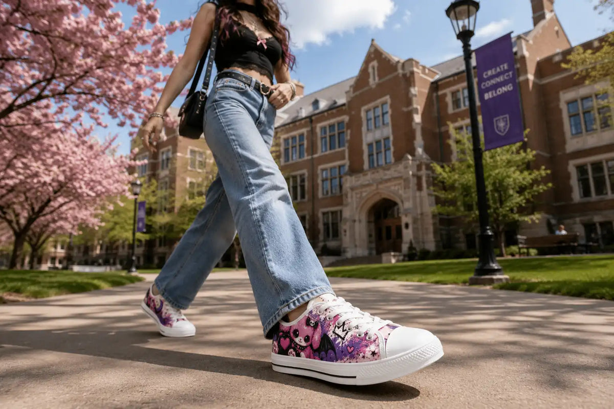 Woman wearing pink and purple pastel goth low-top sneakers with straight-leg jeans on a campus