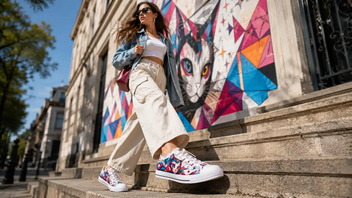 Woman styling Prismatic Cat Moon colorful sneakers for an everyday streetwear outfit.
