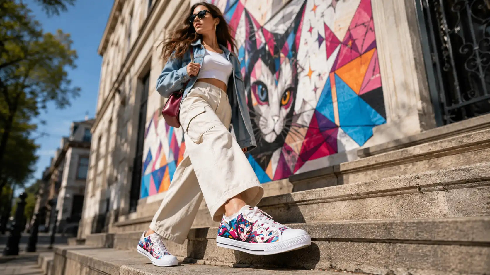 Woman styling Prismatic Cat Moon colorful sneakers for an everyday streetwear outfit.
