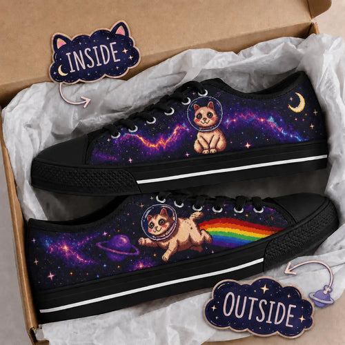 Pair of Astronaut Cat low top sneakers with black soles