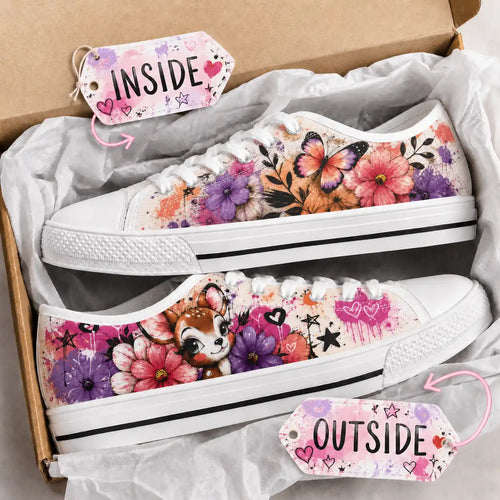 Pair of woodland sneakers with fawn and flower artwork