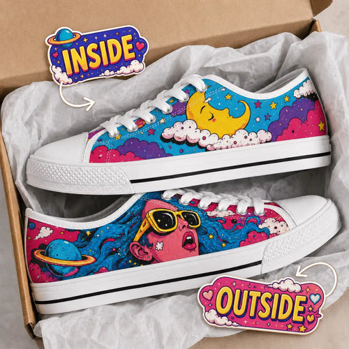 Pair of colorful cosmic sneakers with moon and stars