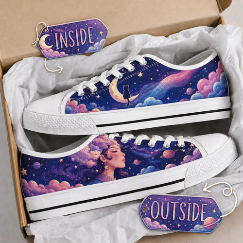 Pair of celestial sneakers with planets and violet clouds