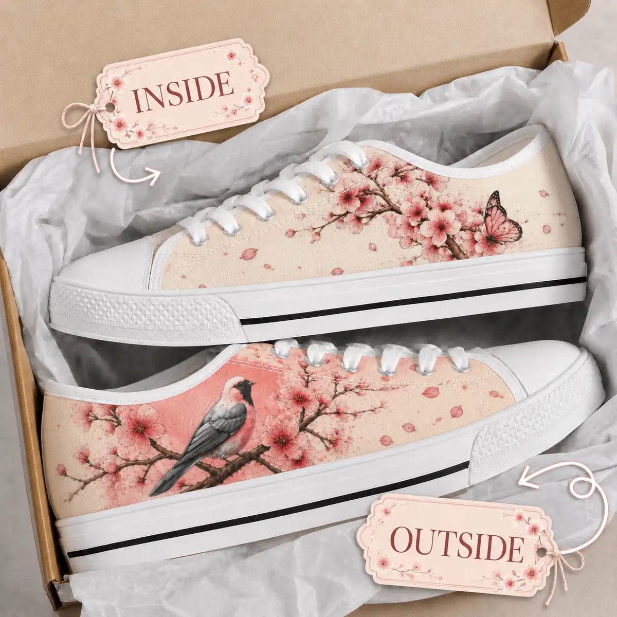 Cherry Blossom Bird Sneakers | Women’s Low Tops