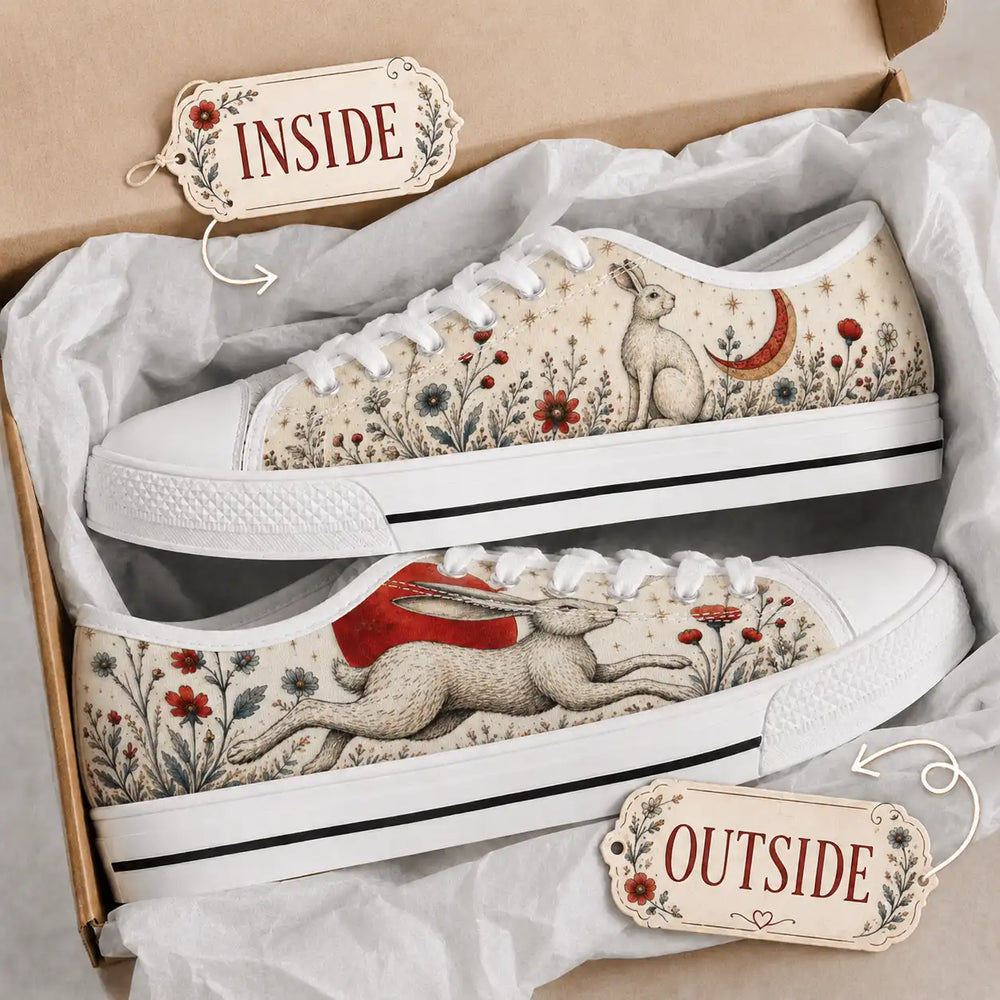 Pair of hare sneakers with moon and wildflower artwork