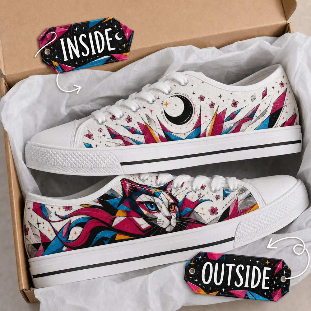 Pair of Prismatic Cat sneakers presented in a shoebox