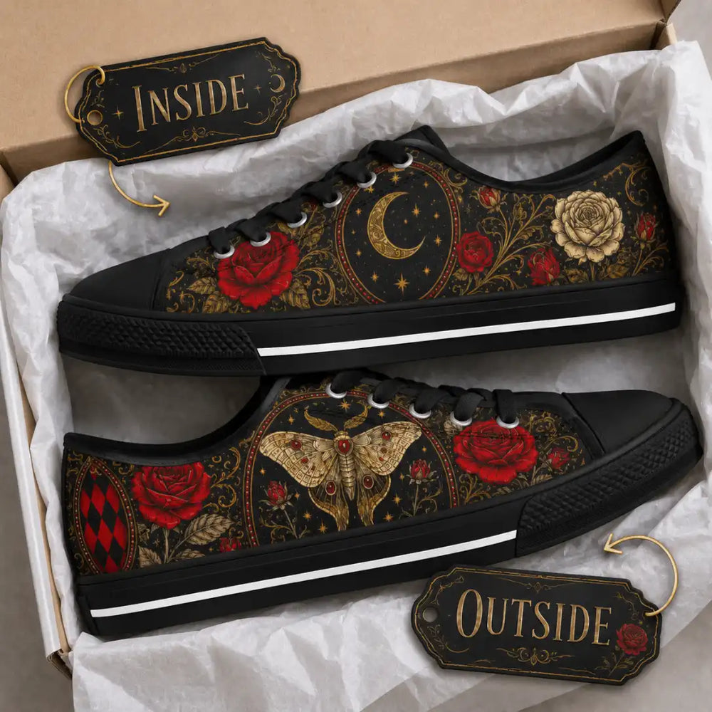 Black sneakers with red roses and crescent moon artwork