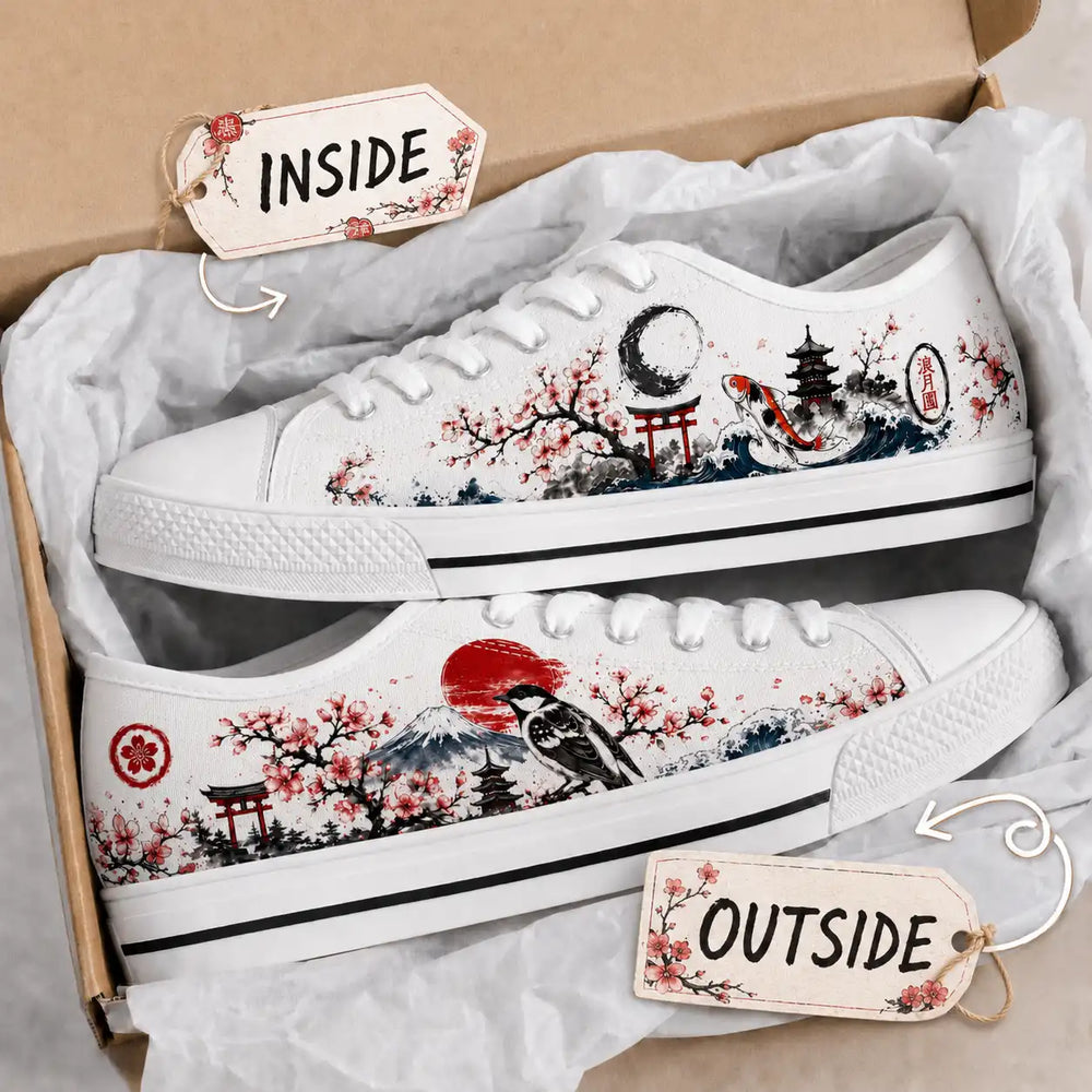 Pair of Japanese sneakers with cherry blossom artwork