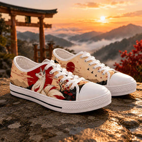 Japanese-inspired sneakers with fox and red sun artwork