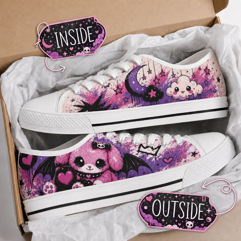 Pair of pastel goth sneakers with pink and purple artwork