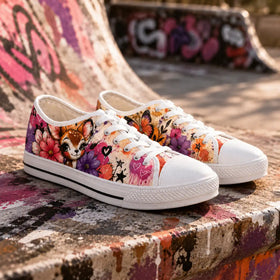 Floral sneaker with illustrated deer and butterfly