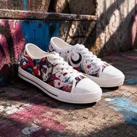 Colorful sneakers with cat face and crescent moon artwork