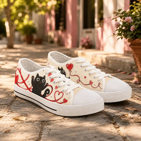 Black cat sneaker with red balloon and heart print