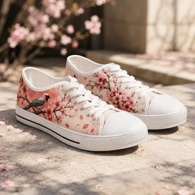 Floral sneaker with pink blossoms and bird artwork