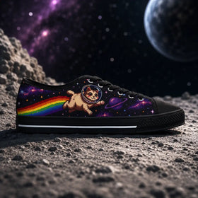 Astronaut Cat women’s low top sneakers with rainbow galaxy artwork