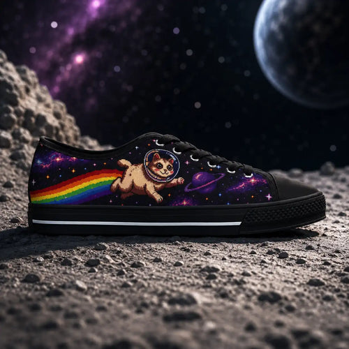 Astronaut Cat women’s low top sneakers with rainbow galaxy artwork