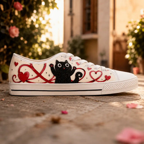 Black Cat Heart women’s low top sneakers with red heart artwork