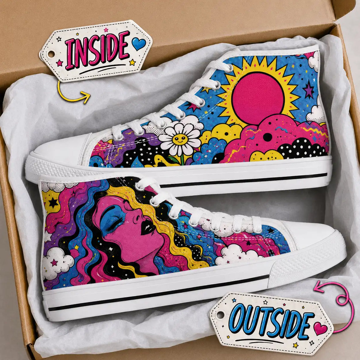 Psychedelic Floral Face Sneakers | Women’s High Tops