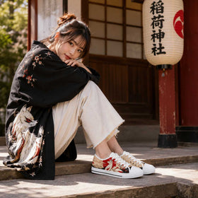 Kitsune Red Sun sneakers worn in lifestyle styling