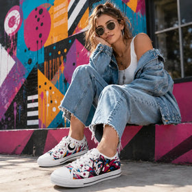 Prismatic Cat sneakers worn with streetwear styling