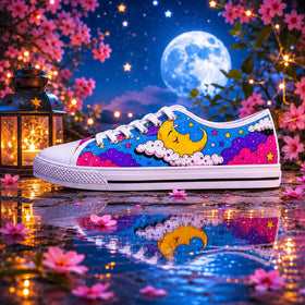 Women’s low tops with vivid pink blue and yellow print