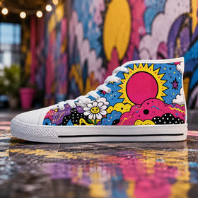 Colorful high tops with pink blue and yellow pop art