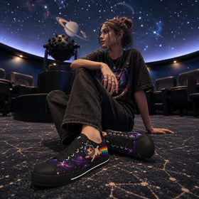 Black low top sneakers with astronaut cat print