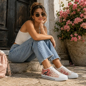 Cherry blossom sneakers with white laces and soles