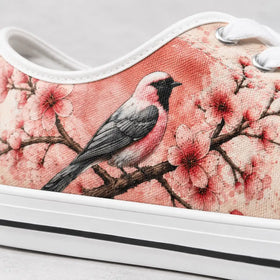 Women’s spring sneakers with bird and blossom print