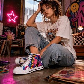 Floral face artwork on women’s high top sneakers