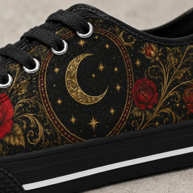 Gothic celestial artwork on women’s black sneakers