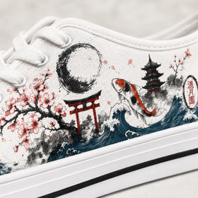 Sakura pattern on women’s cream sneakers