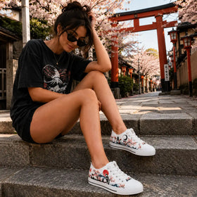 Women’s low tops with koi torii and blossom artwork